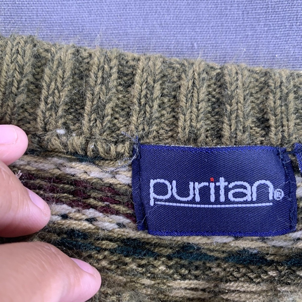 VINTAGE Puritan Sweaters Mens LG Lot of 2 Khaki Fair Isle Blue Stripe 90s Knit - Picture 4 of 16